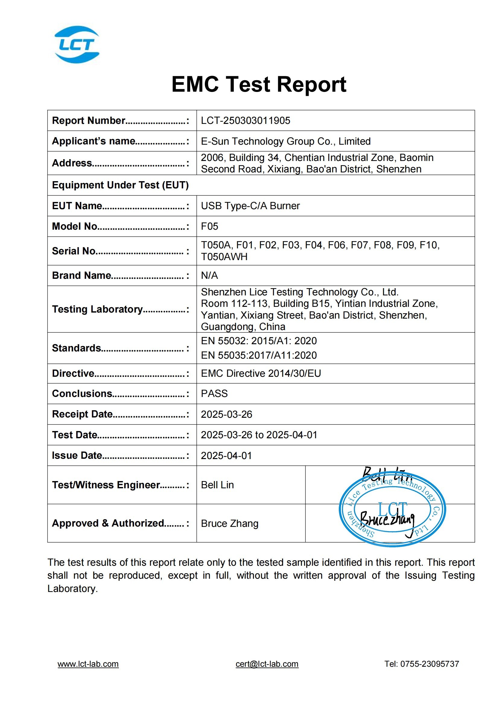 F05 External Optical Drive 55032-CE-EMC Report