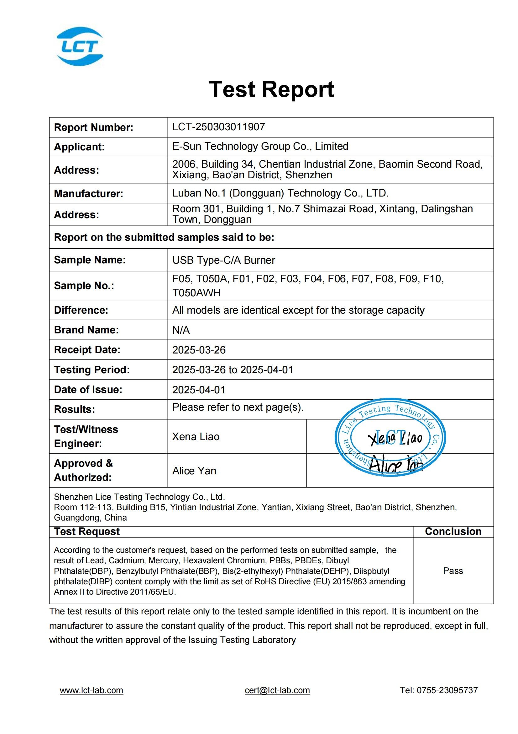 ROHS Report of F05 External Optical Drive