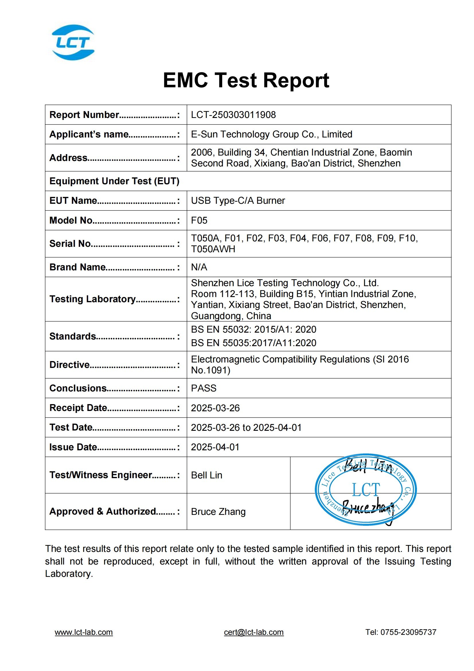 UKCA EMC certificate for F05 external optical drive